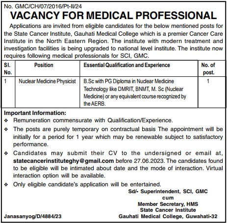 Vacancy at State Cancer Institute Gauhati