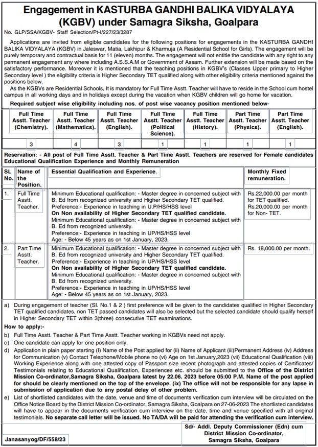 VACANCY AT KASTURBA GANDHI BALIKA VIDYALAYA