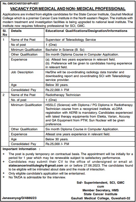 Recruitment in State Cancer Institute, Gauhati