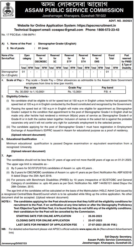 VACANCY FOR STENOGHRAPHER