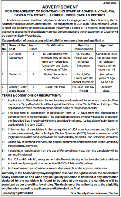 Vacancy in Adarsha Vidyalaya Sangathan