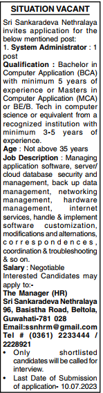 Recruitment at Sri Sankaradeva Nethralaya