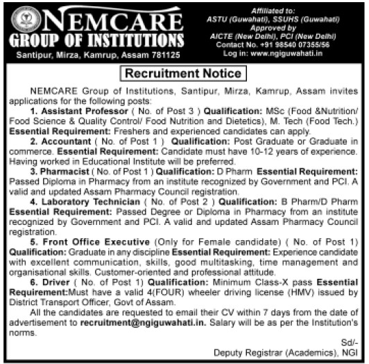 Recruitment in NEMCARE group of Institution