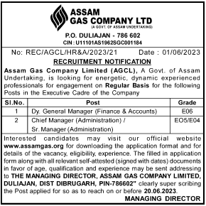 26 vacancy available at Assam Gas Company Ltd.