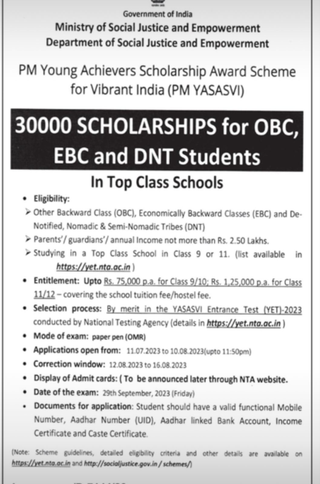 30000 scholarship for OBC, EBC and DNT students