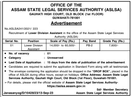 Recruiment of Lower Division Assistant in ASLSA