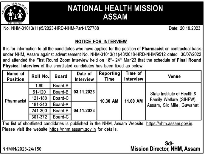 Notice for an interview on National Health Mission Assam
