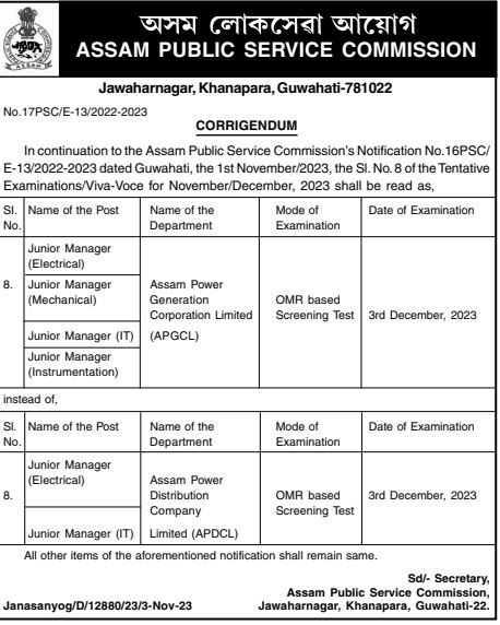 APSC NOTICE 3RD NOVEMBER